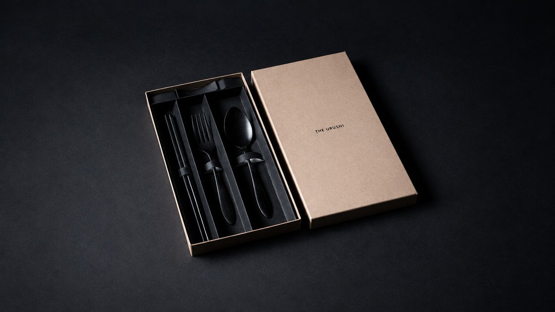 THE URUSHI Full Set of chopsticks, rest, spoon and fork in its open gift box