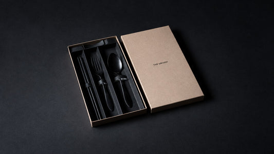 THE URUSHI Full Set in its kraft gift box: black urushi-finished stainless chopsticks, rest, fork and teardrop spoon