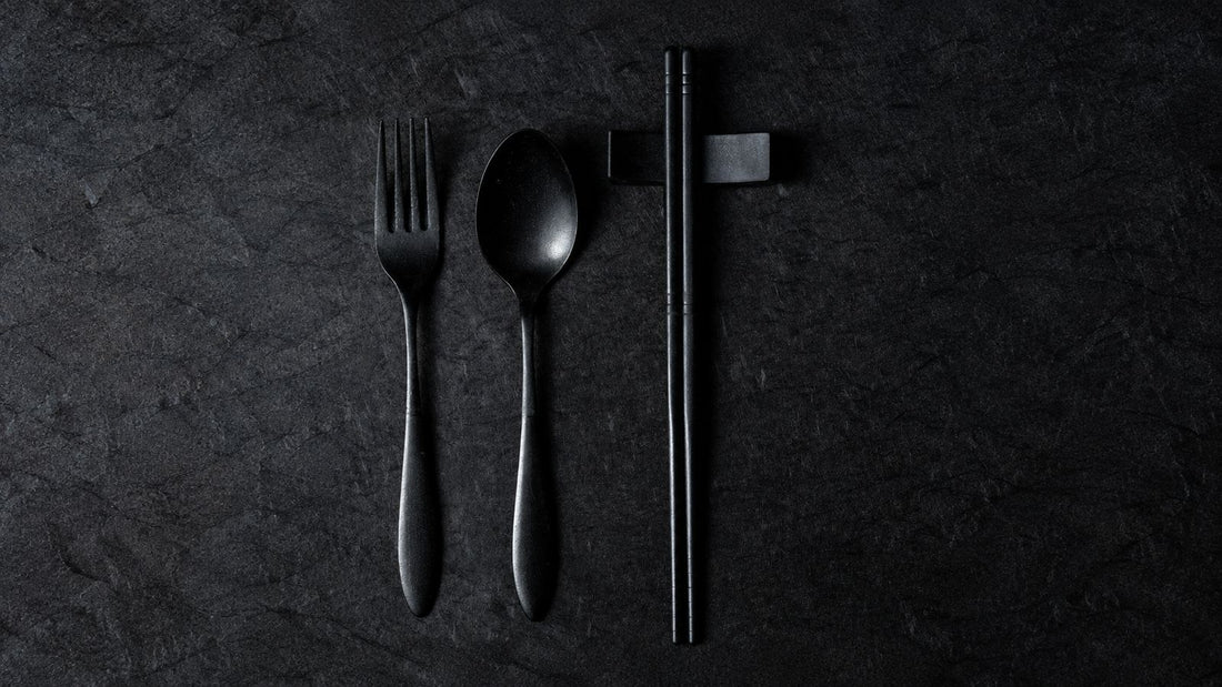 THE URUSHI Full Set on dark washi: urushi-finished stainless steel fork, spoon, chopsticks and chopstick rest