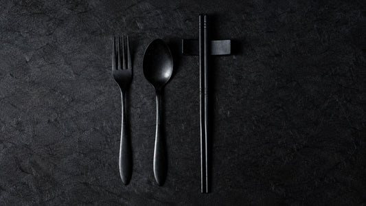 THE URUSHI Full Set on dark washi: urushi-finished stainless steel fork, spoon, chopsticks and chopstick rest